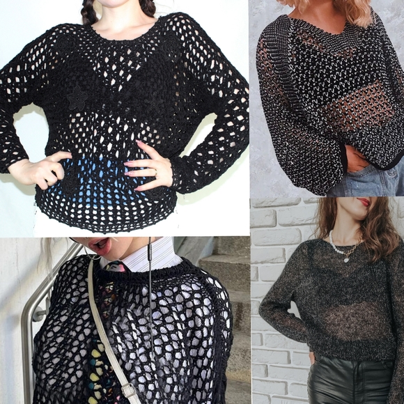 🔖P. Nygard🖤Fishnet Knit Sweater Top w/ 3/4 Sleeves Scoop Neck - Picture 3 of 11